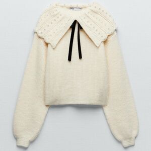 Zara Faux Pearl Sweater Big Collar Velvet Bow Top Cream Small